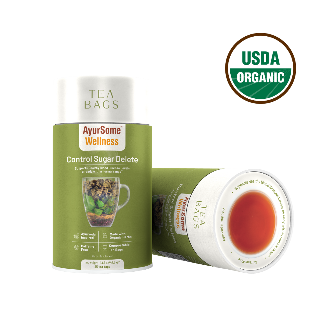 a pack of organic gymnema tea blend, the best tea for blood sugar control. inside the pack are 25 compostable tea bags. the usda organic certification is on the right top corner