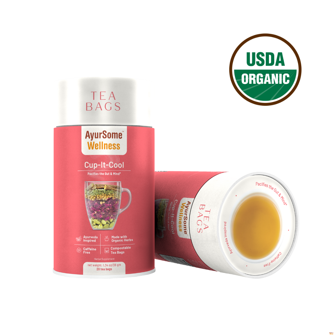 Pink pack with white lid. the lead says tea bags, the pack contains 20 plastic free tea bags of organic rose and fennel herbal tea blend. USDA organic logo is on the top right