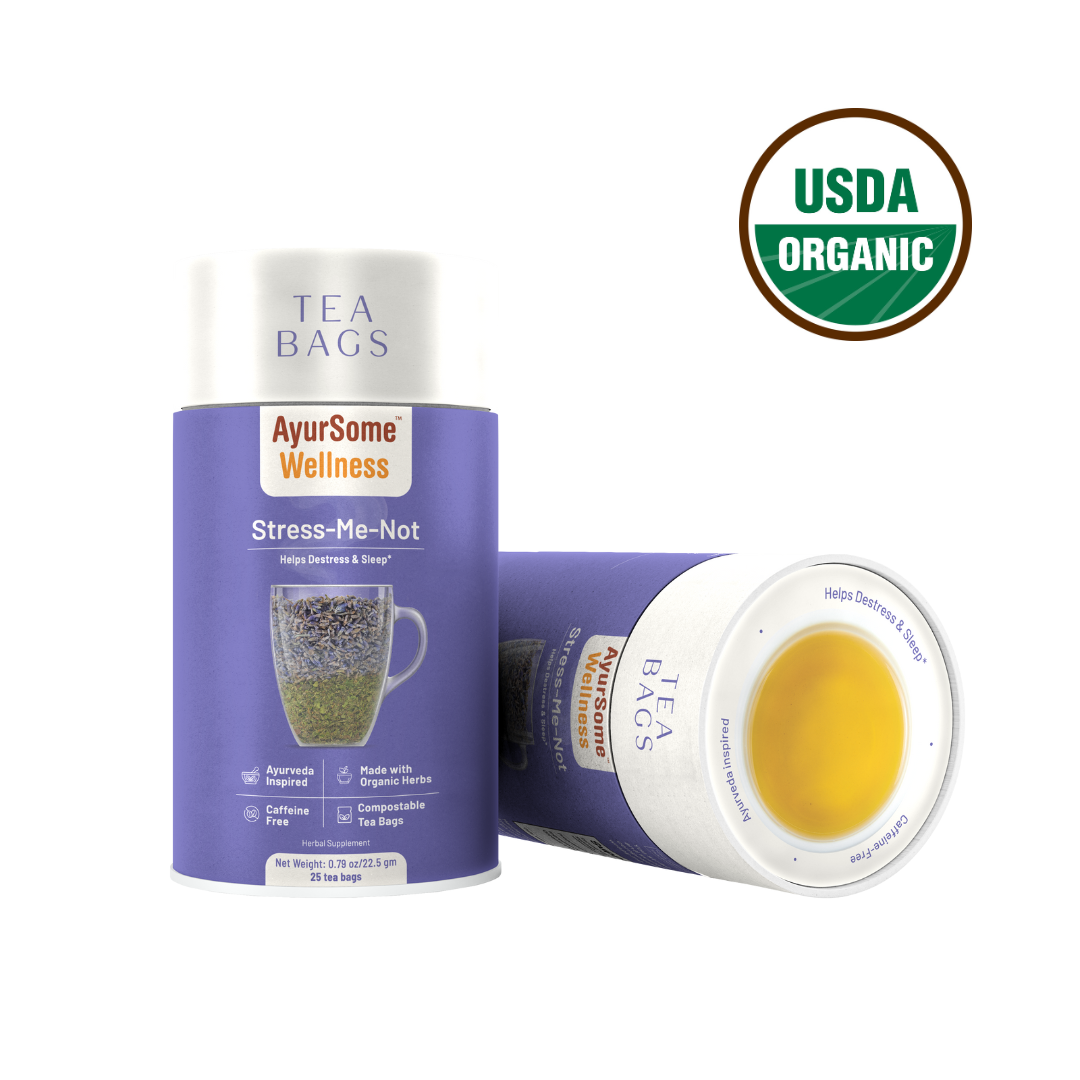 lavender tea pack with white lid on a white background. the herbal tea with lavender and lemon balm for sleep is certified USDA organic as indicated by the pack.