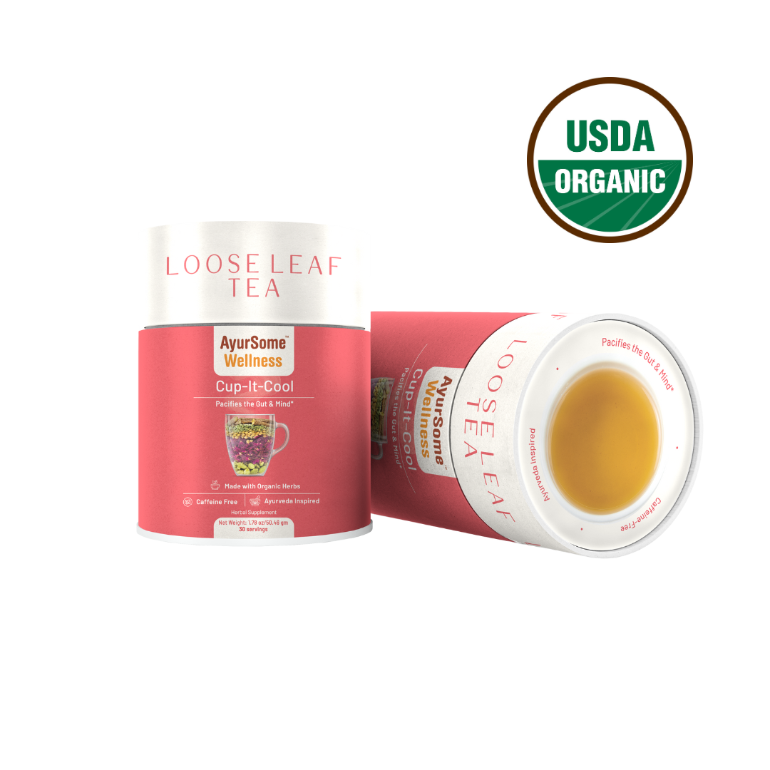pink pack with white lid of loose leaf ayurvedic pitta tea for acidity. the pack says that the tea contains 30 servings of caffeine free tea which is herbal