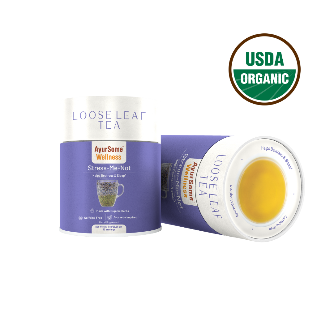 a pack of loose leaf lemon balm and lavender organic tea for night time.