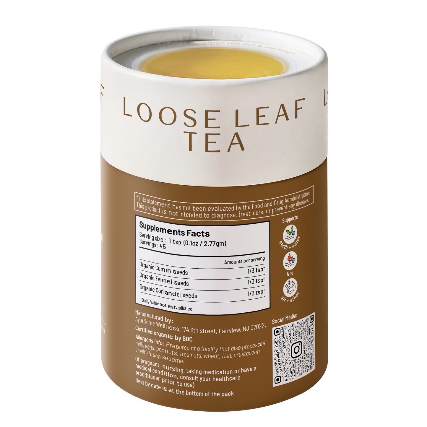 Back of CCF loose leaf tea tin showing supplement facts with organic cumin fennel and coriander seeds ingredients