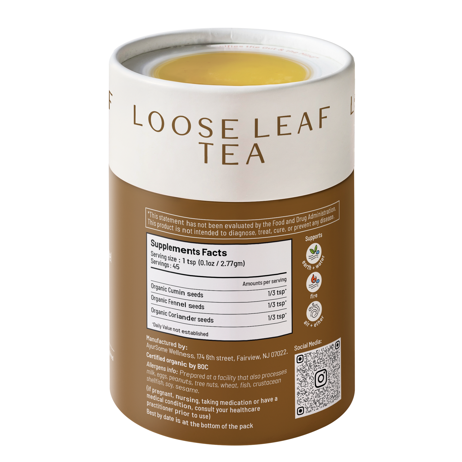 Back of CCF loose leaf tea tin showing supplement facts with organic cumin fennel and coriander seeds ingredients