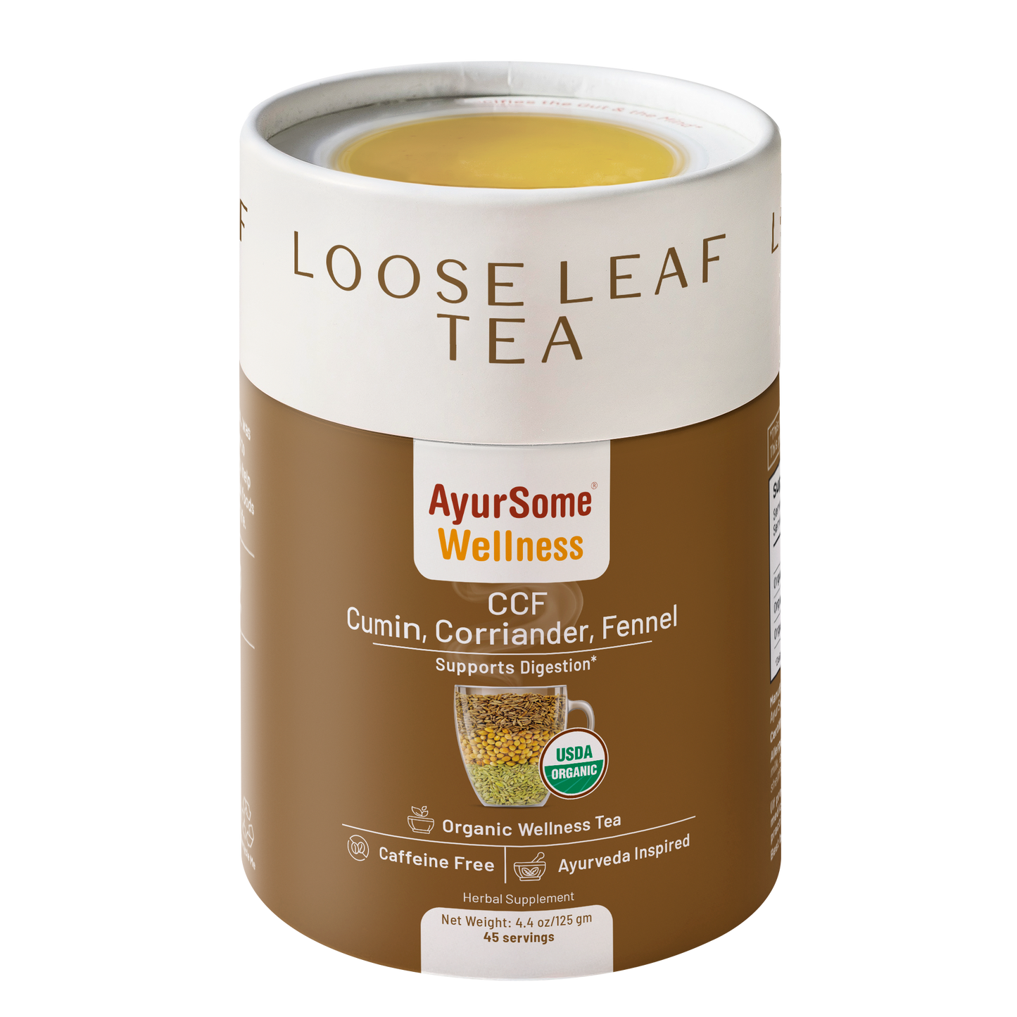 AyurSome Wellness CCF organic cumin coriander fennel loose leaf tea tin, USDA certified, caffeine free, 45 servings