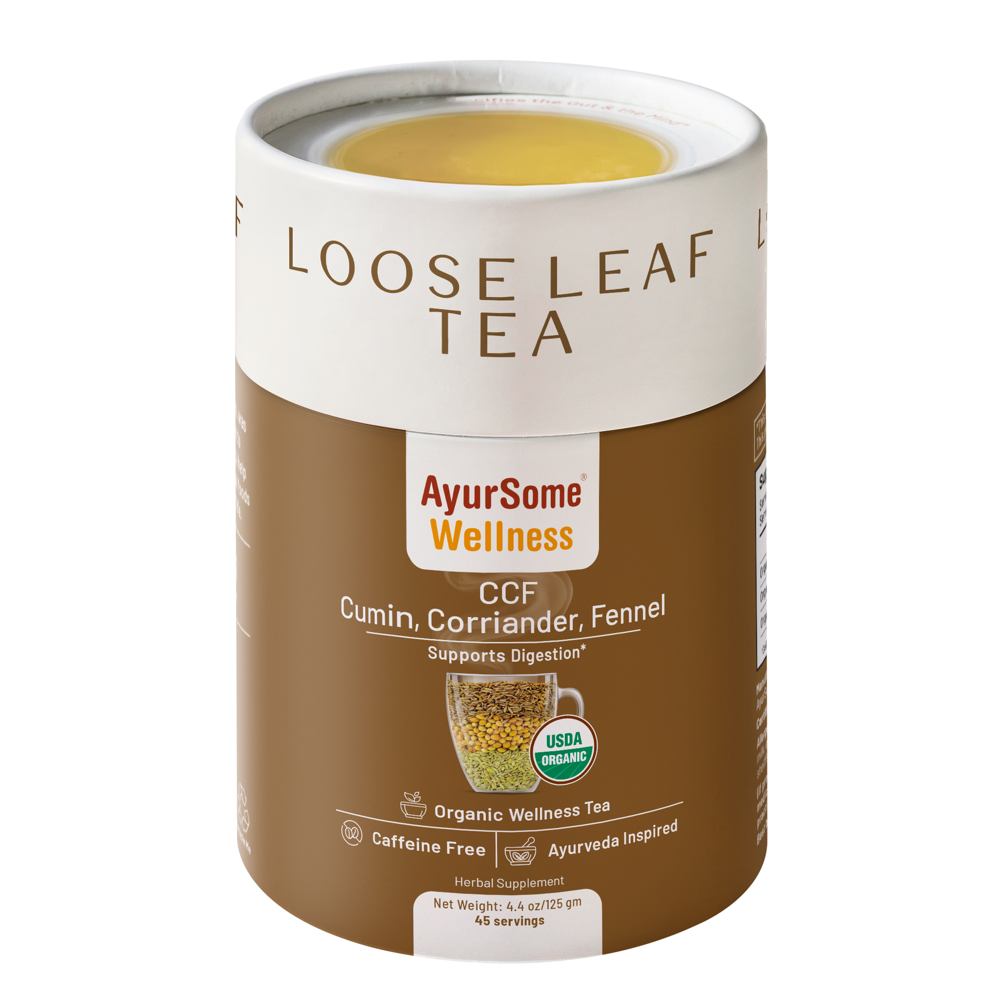 AyurSome Wellness CCF organic cumin coriander fennel loose leaf tea tin, USDA certified, caffeine free, 45 servings