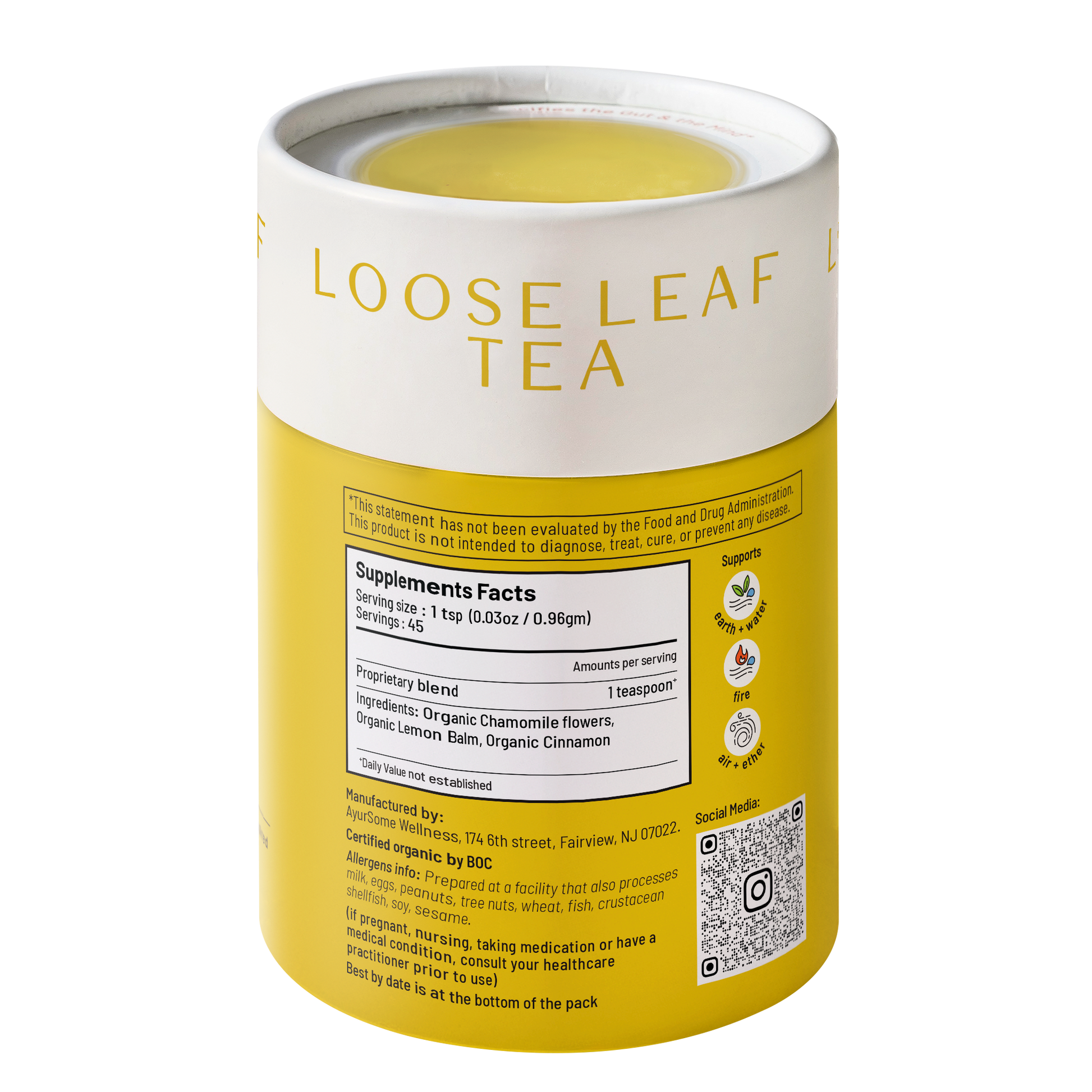 Back of Calm-In-A-Teacup loose leaf tea tin showing supplement facts with organic chamomile, lemon balm and cinnamon ingredients