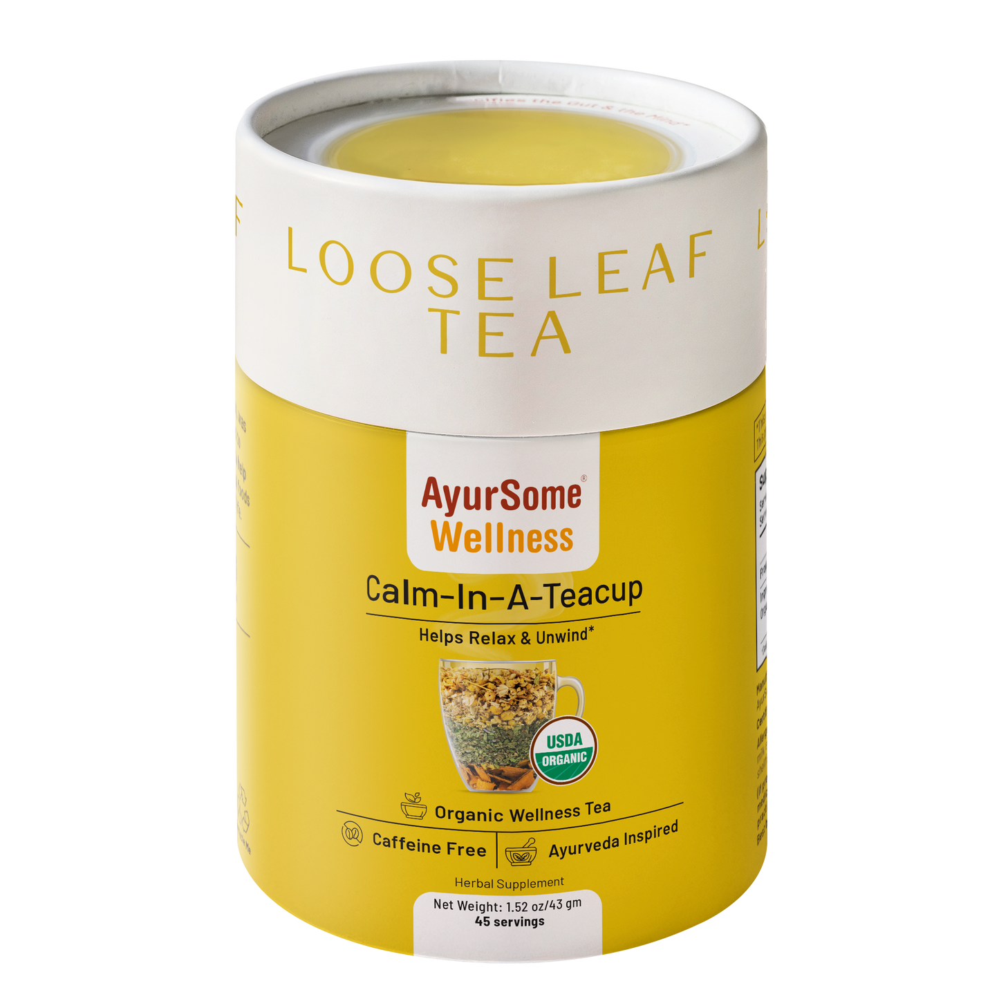 AyurSome Wellness Calm-In-A-Teacup organic chamomile loose leaf tea tin, USDA certified, caffeine free, 45 servings