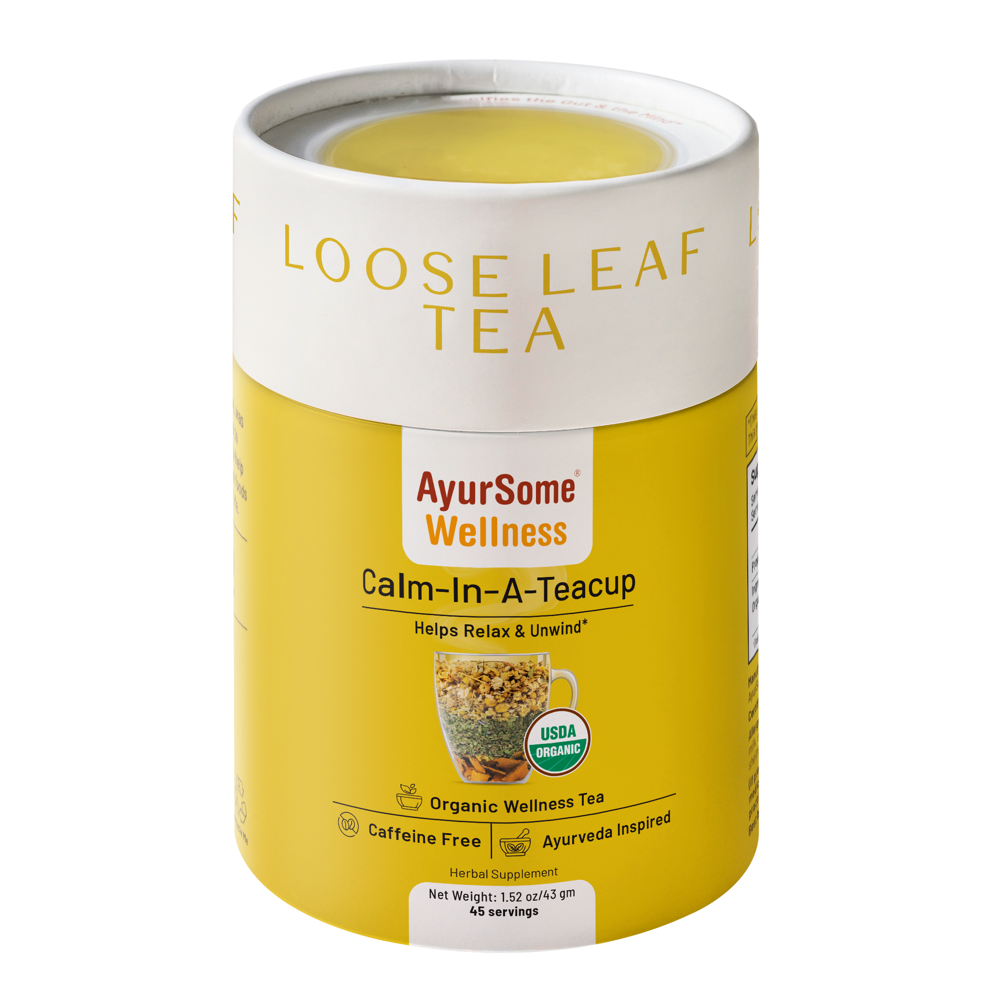 AyurSome Wellness Calm-In-A-Teacup organic chamomile loose leaf tea tin, USDA certified, caffeine free, 45 servings