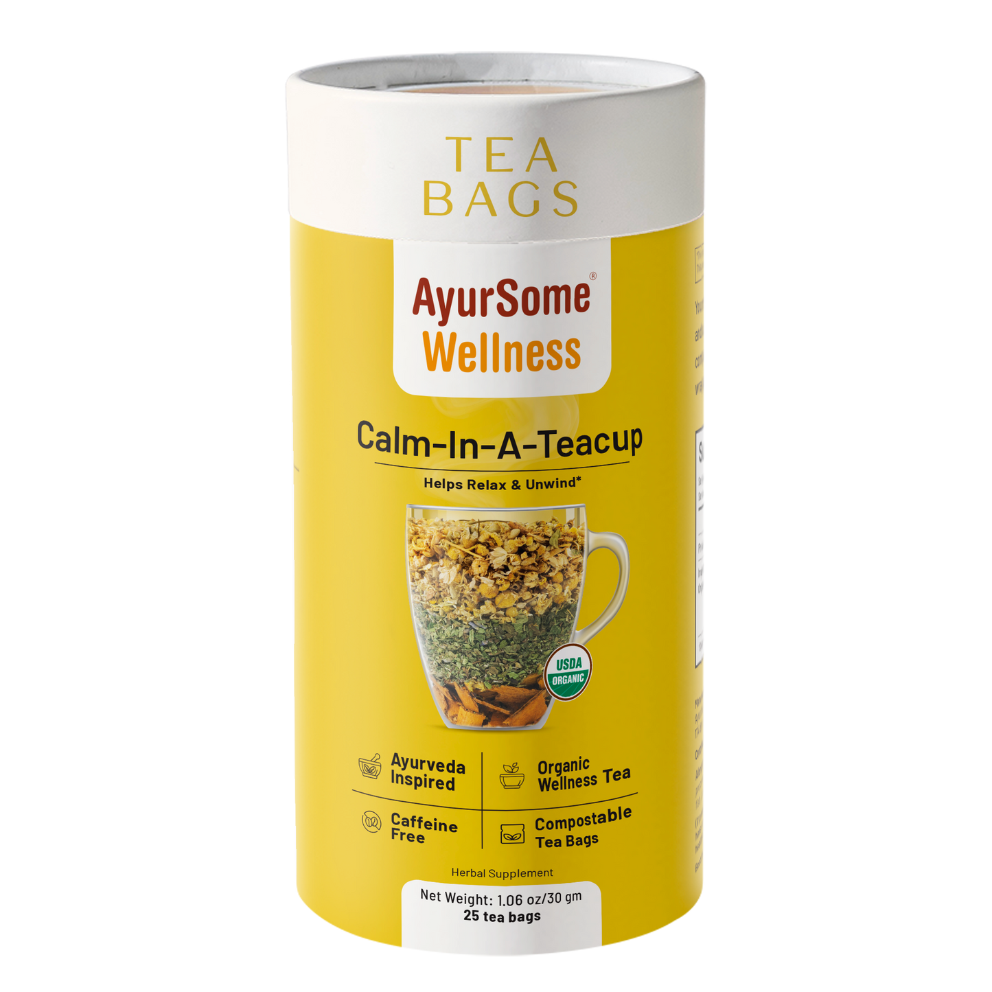 AyurSome Wellness Calm-In-A-Teacup organic chamomile tea bags tin, USDA certified, caffeine free, compostable tea bags