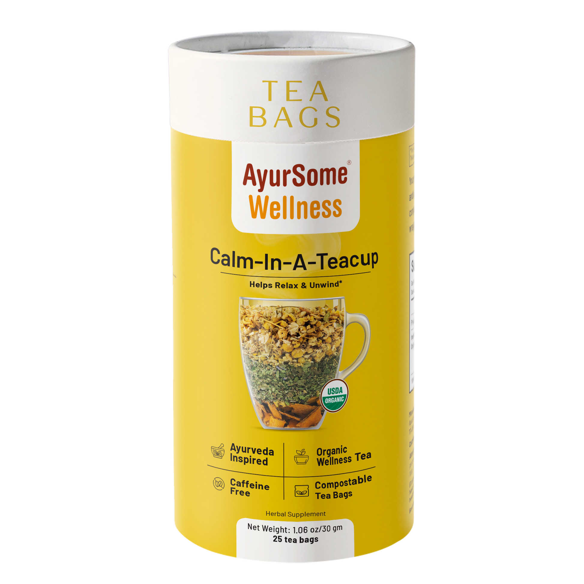 AyurSome Wellness Calm-In-A-Teacup organic chamomile tea bags tin, USDA certified, caffeine free, compostable tea bags