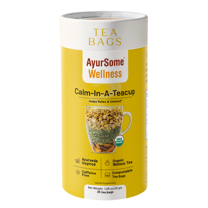 AyurSome Wellness Calm-In-A-Teacup organic chamomile tea bags tin, USDA certified, caffeine free, compostable tea bags