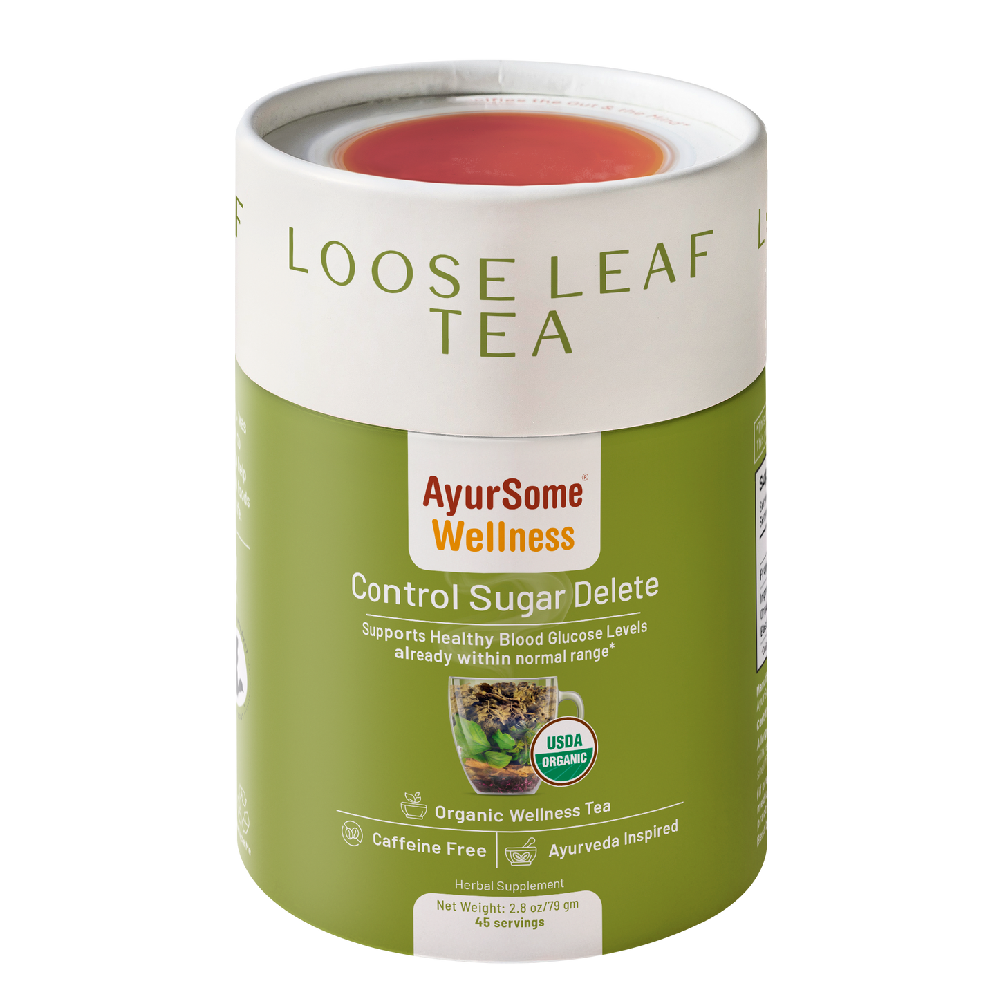 AyurSome Wellness Control Sugar Delete organic Gymnema loose leaf tea tin, USDA certified, caffeine free, 45 servings