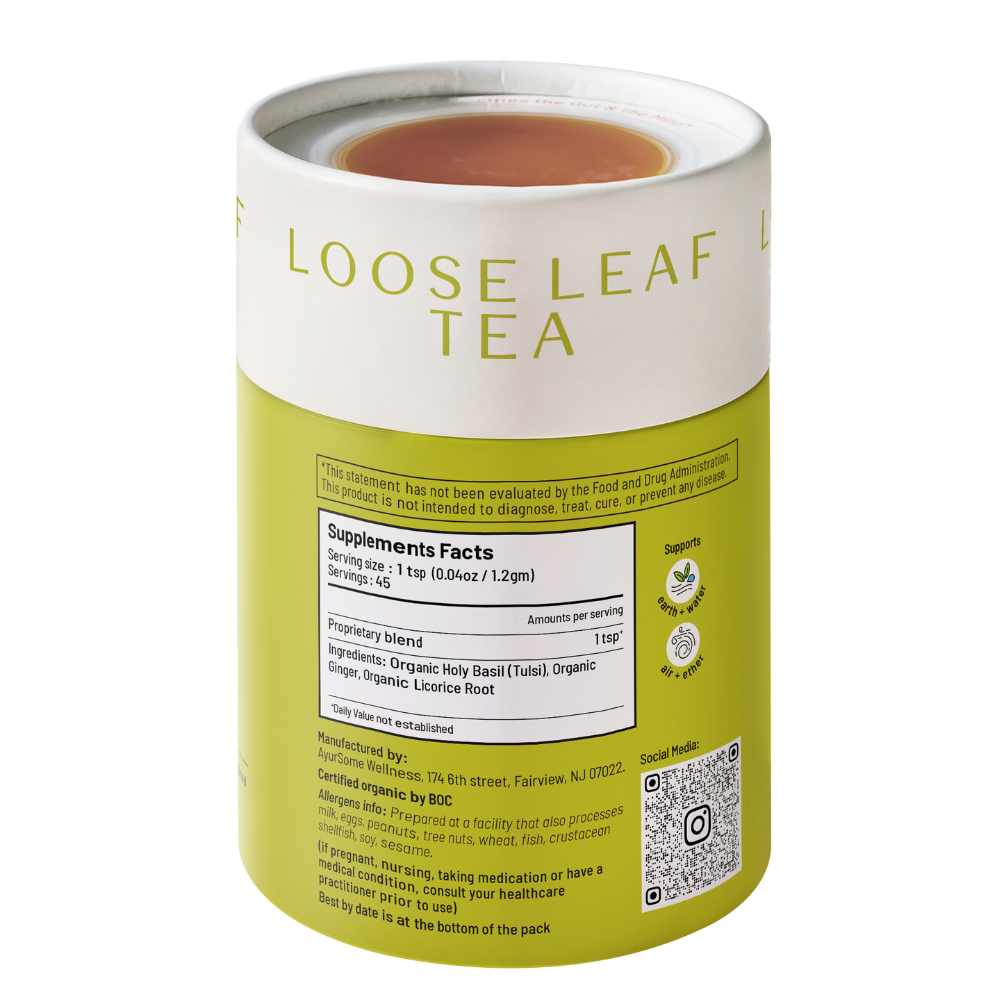 Back of Deconges loose leaf tea tin showing supplement facts with organic holy basil tulsi, ginger and licorice root ingredients
