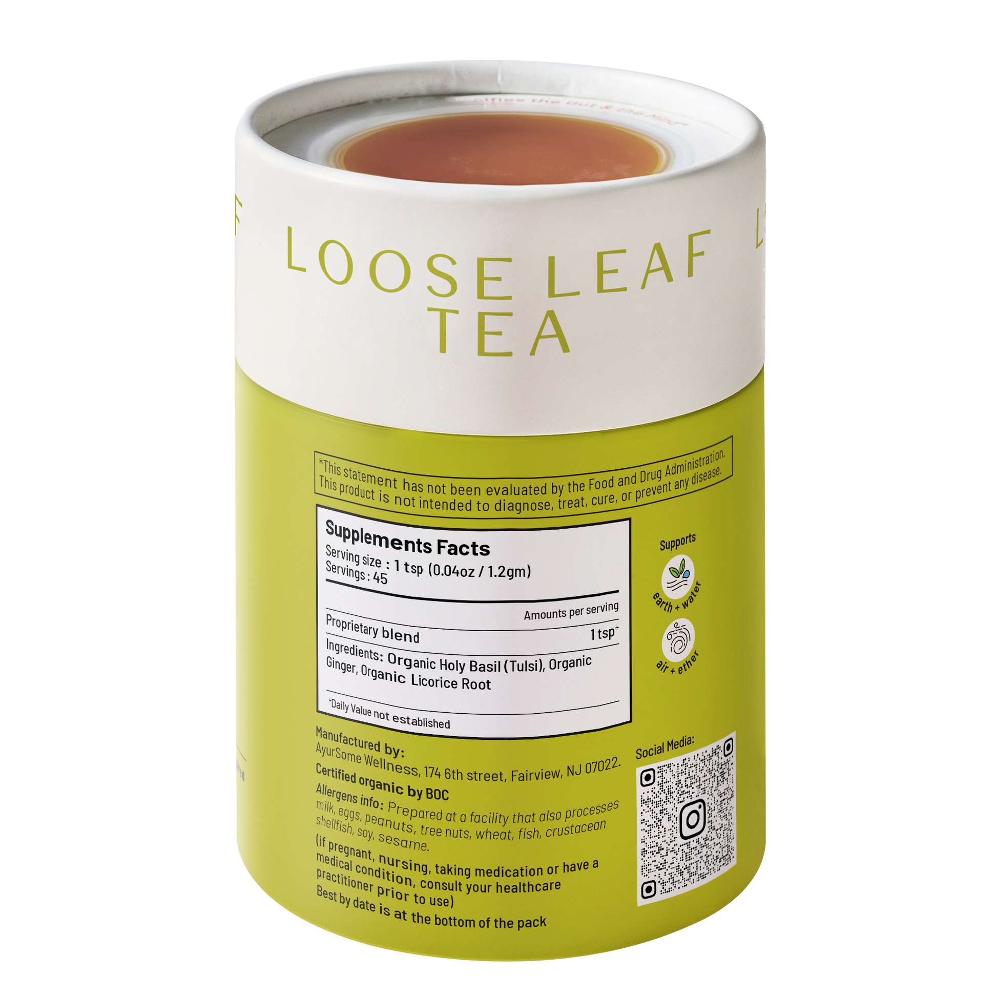 Back of Deconges loose leaf tea tin showing supplement facts with organic holy basil tulsi, ginger and licorice root ingredients