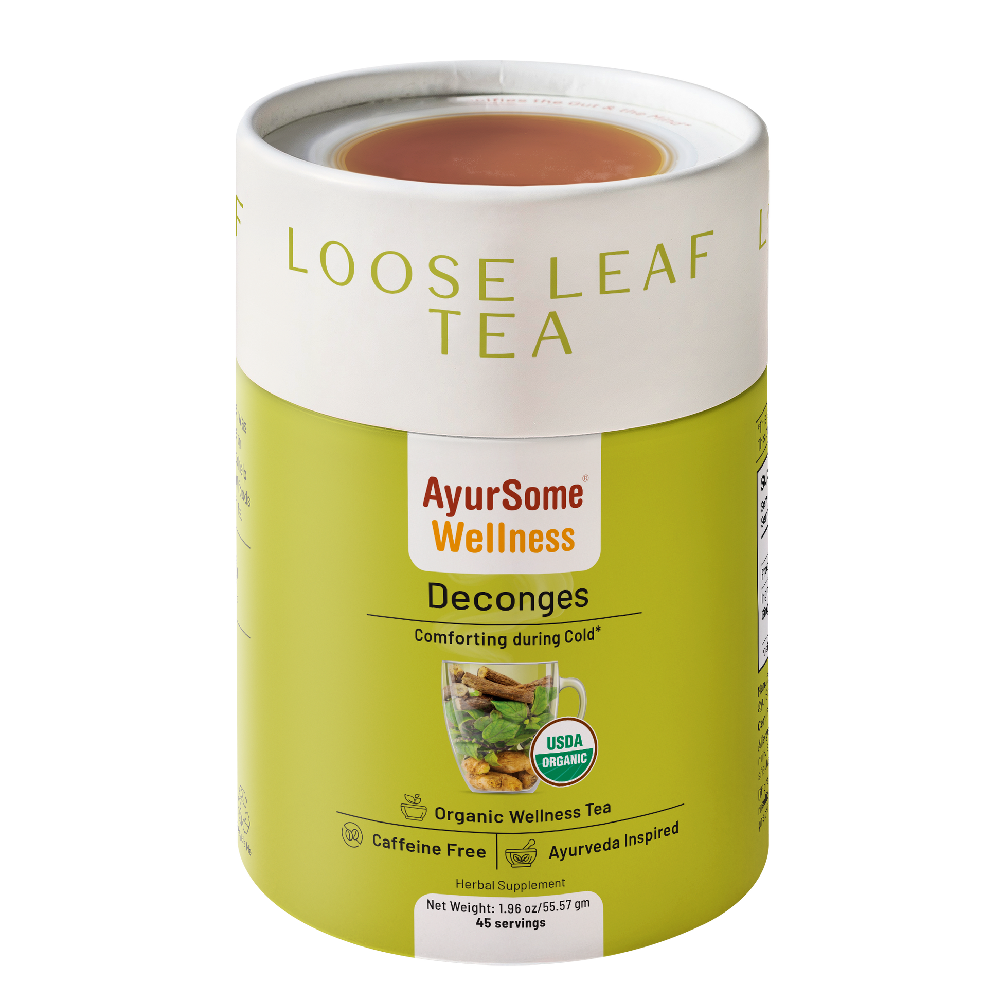 AyurSome Wellness Deconges organic tulsi ginger loose leaf tea tin, USDA certified, caffeine free, 45 servings