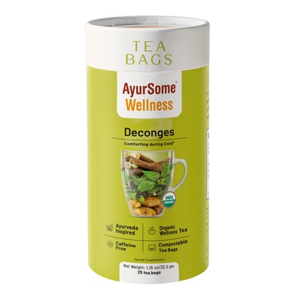 AyurSome Wellness Deconges organic holy basil tulsi ginger tea bags tin, USDA certified, caffeine free, compostable tea bags