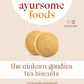 front label of einkorn cookies - with a picture of 2 vegan cookies and description of the health food