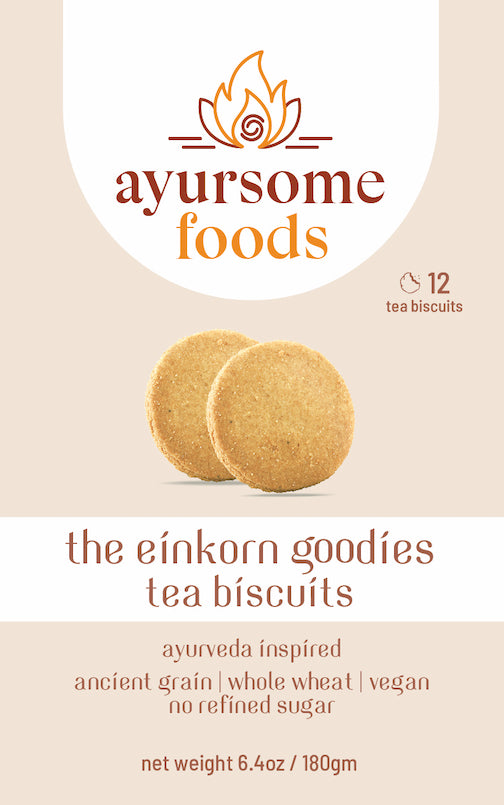 front label of einkorn cookies - with a picture of 2 vegan cookies and description of the health food