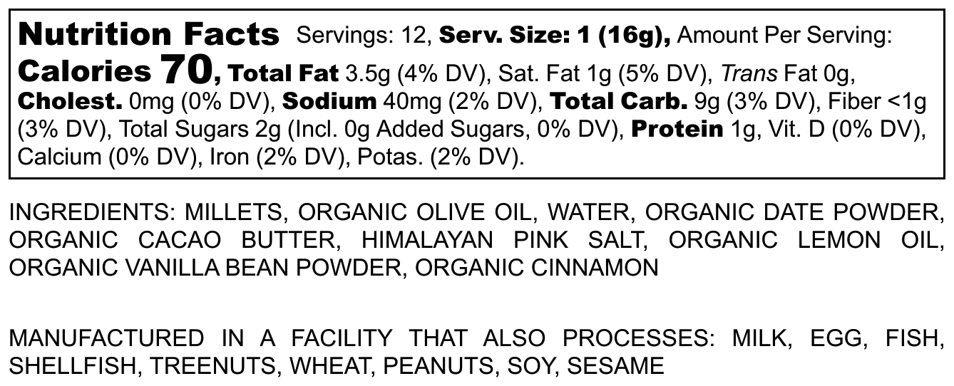 Nutrition facts for proso millet cookies made with organic ingredients