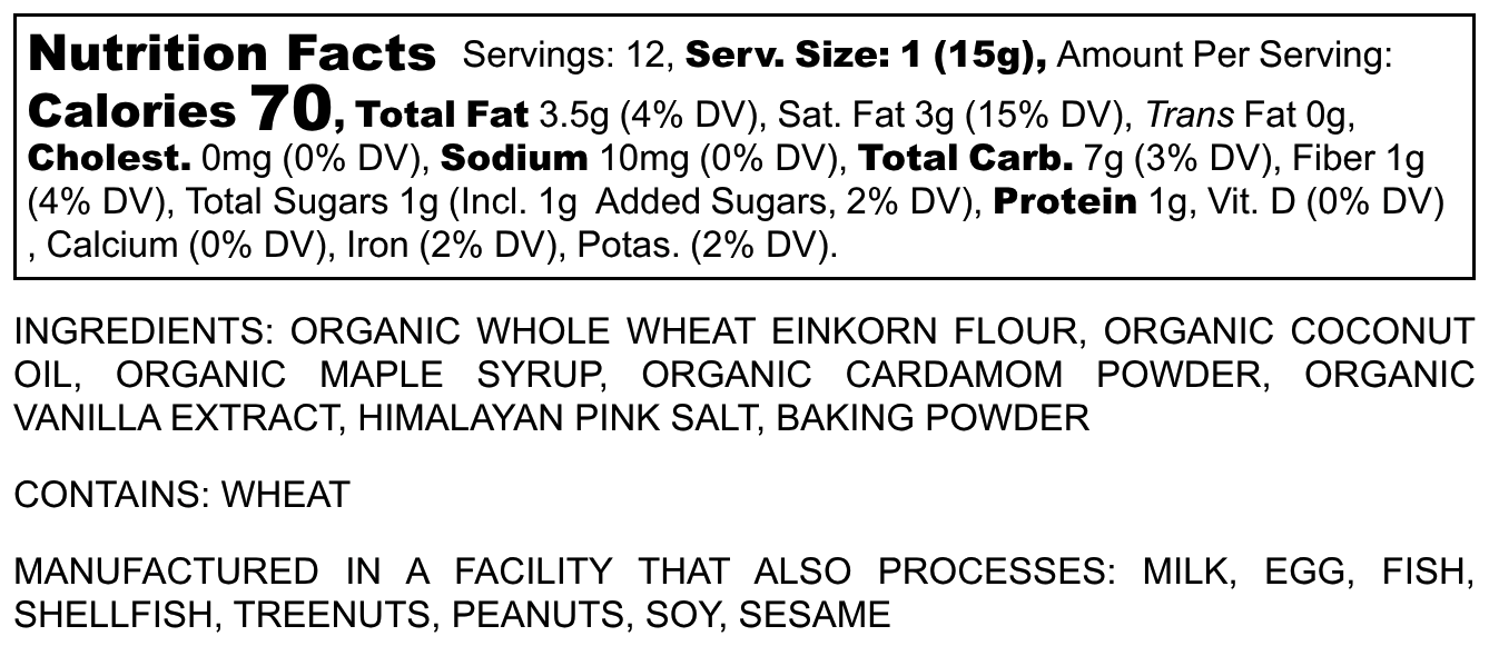 Nutritional label for vegan whole wheat cookies by ayursome wellness, made with einkorn wheat and sweetened with maple syrup. 
