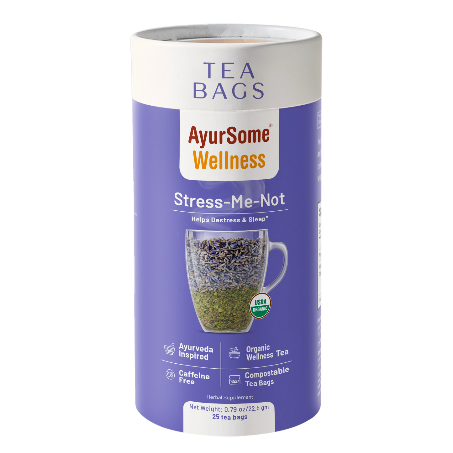 AyurSome Wellness Stress-Me-Not organic lavender lemon balm tea bags tin, USDA certified, caffeine free, compostable tea bags