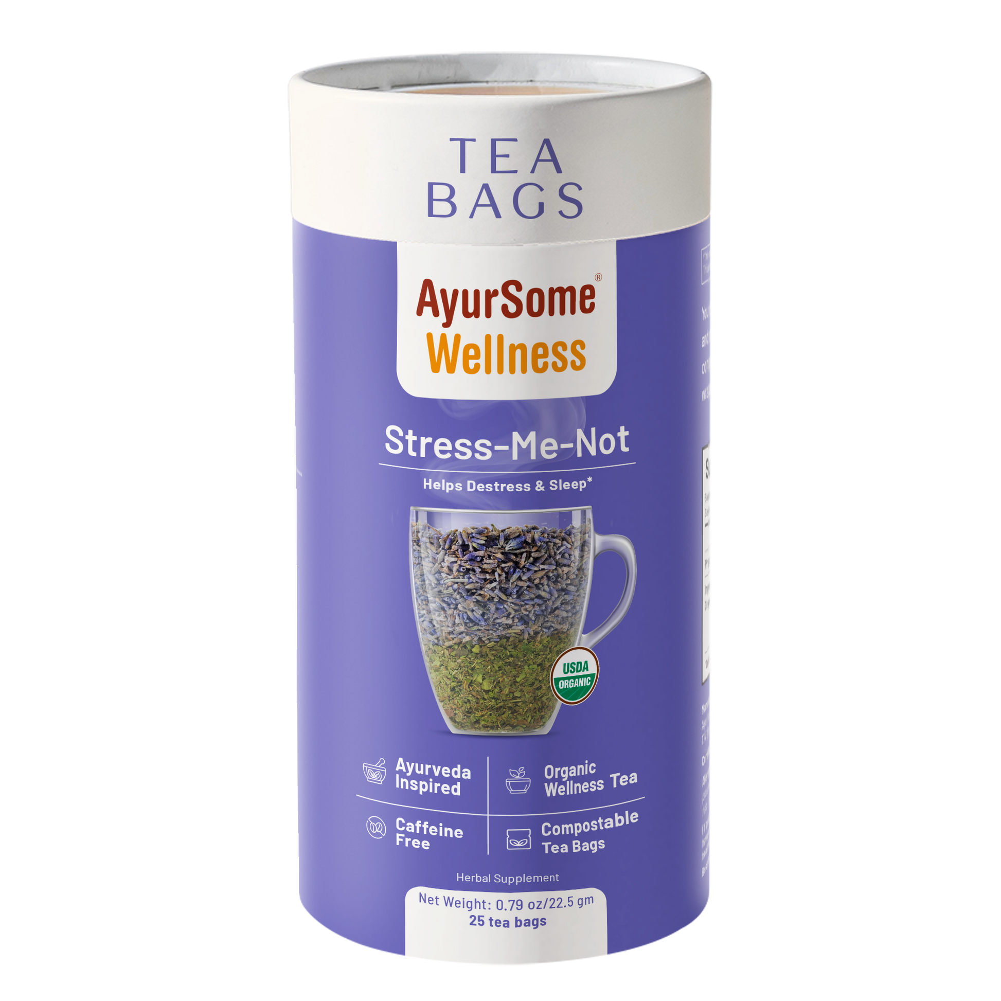 AyurSome Wellness Stress-Me-Not organic lavender lemon balm tea bags tin, USDA certified, caffeine free, compostable tea bags