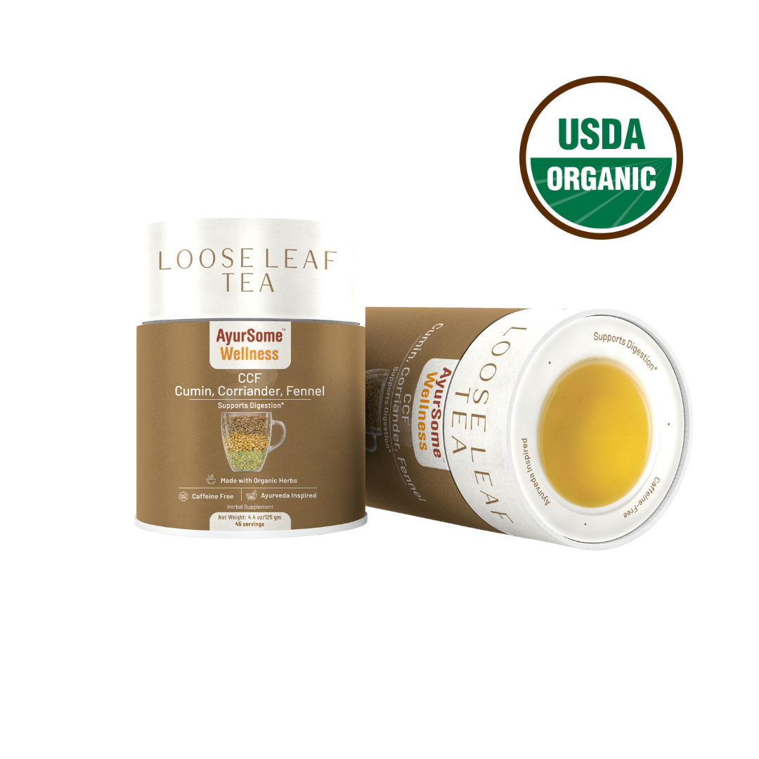 brown pack with white lid containing loose leaf ayurvedic ccf tea, the best tea for digestion. the pack says that ccf tea is herbal and caffeine free. there is a usda organic certification on the top right. 