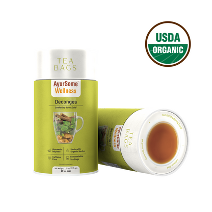 Green pack with white lid of Organic Holy Basil and Ginger tea, the best ayurvedic tea remedy for cold. The pack has 25 plastic free tea bags