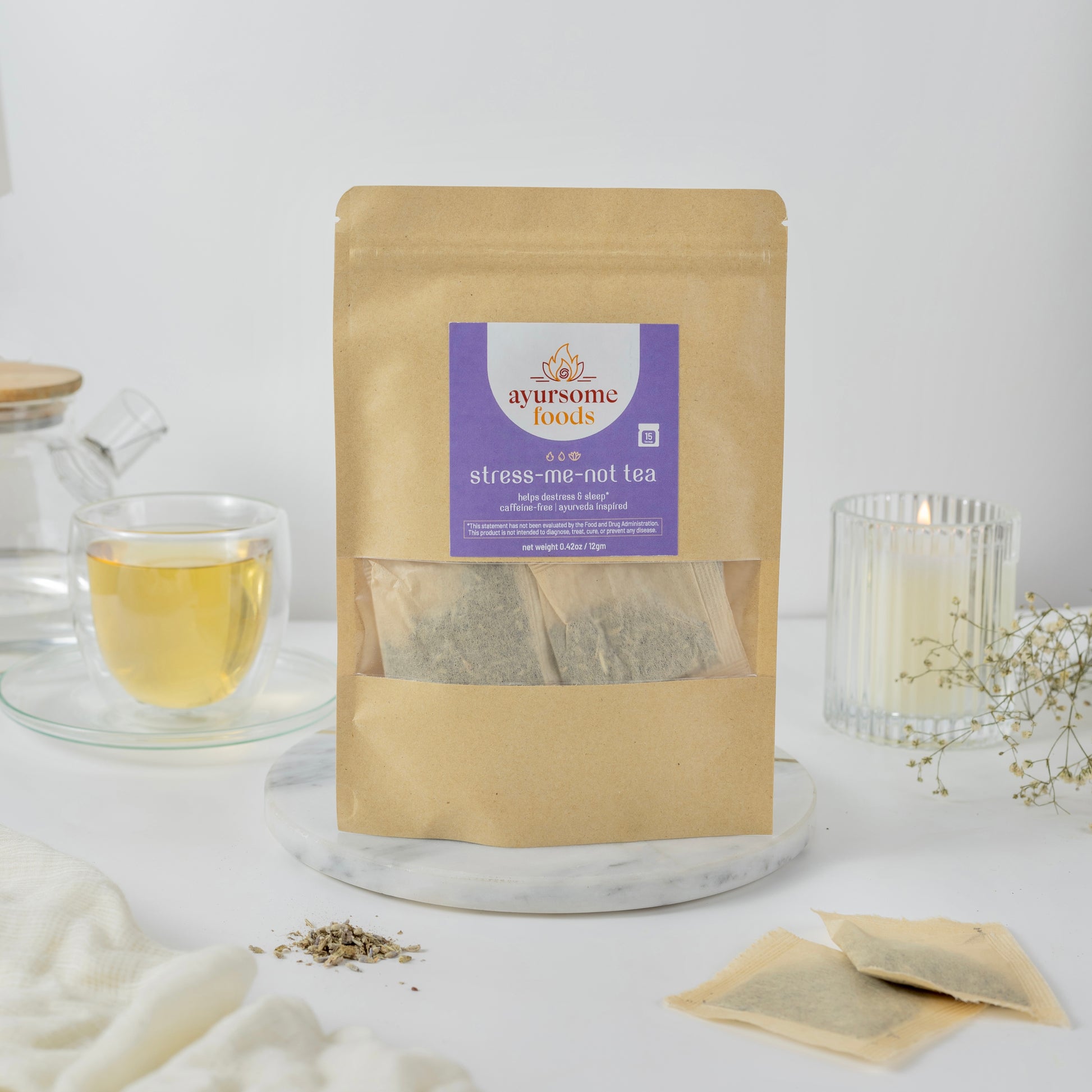 organic lavender and lemon balm tea bags compostable shot on a white background