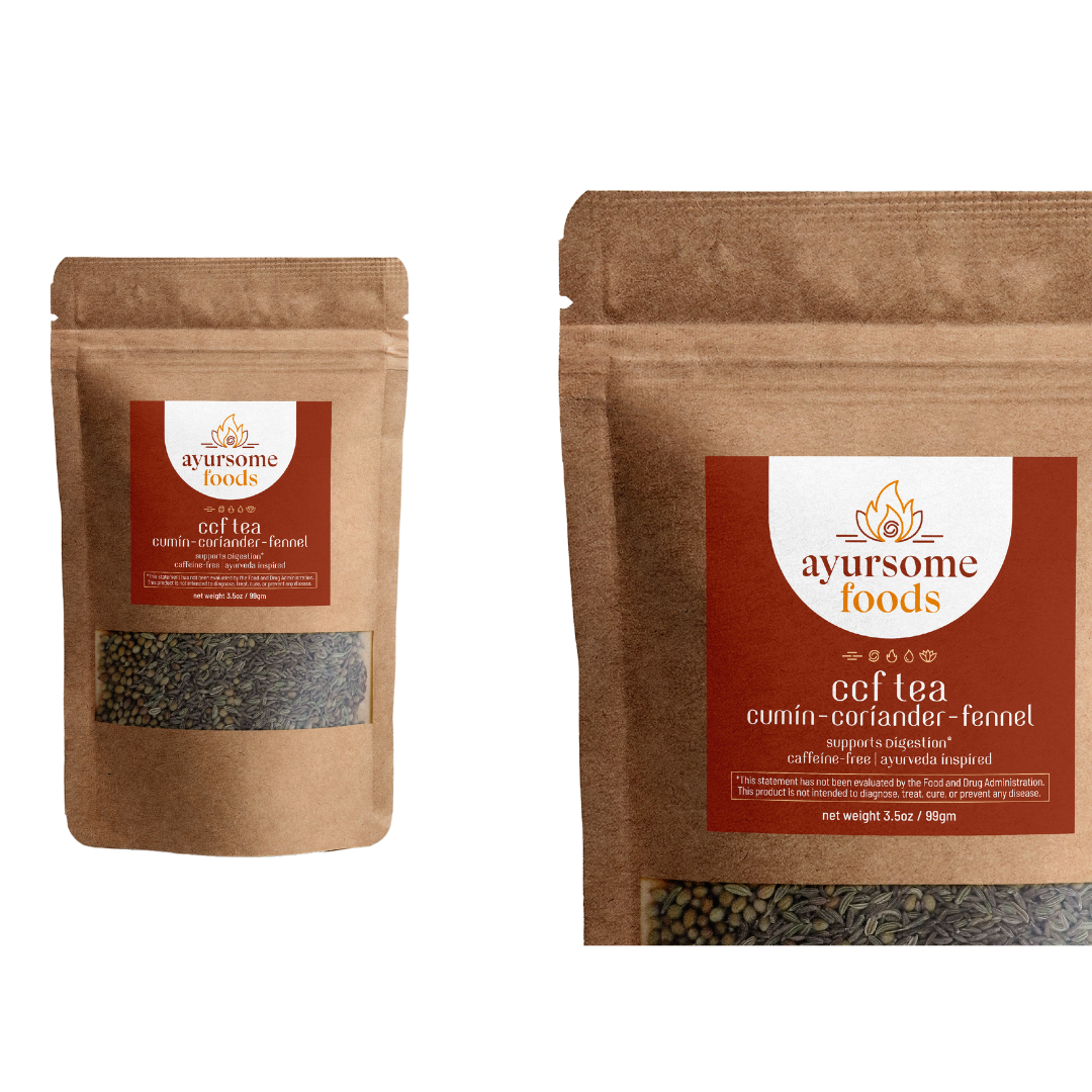 Loose leaf CCF tea is packed in eco friendly pack. This Ayurveda CCF tea is handcrafted with organic cumin, coriander and fennel 