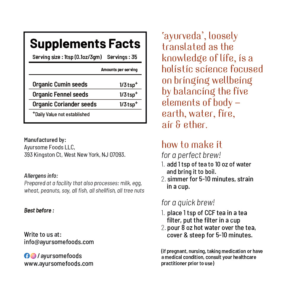 ingredients label of ccf tea, the best ayurvedic tea for gut health. the label includes supplement facts, info on how to make ccf tea 