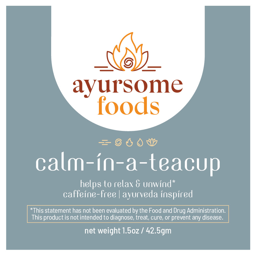 grey label of the calming tea by ayursome foods. the bedtime tea helps relax and unwind. the label is grey and says that the net weight is 1.5 oz