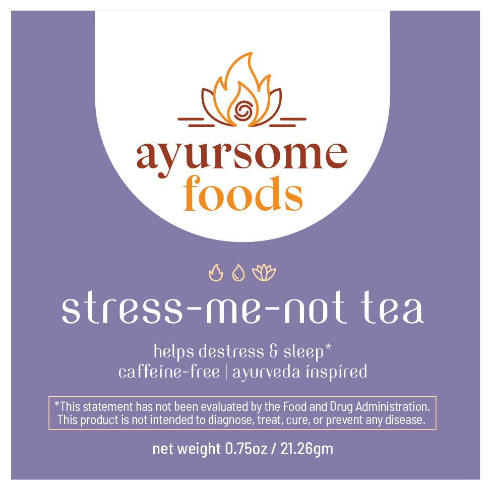 front label of stress relief tea by ayursome foods. lavender label with product name, statement that it the tea helps stress and sleep, and net weight of the herbal tea